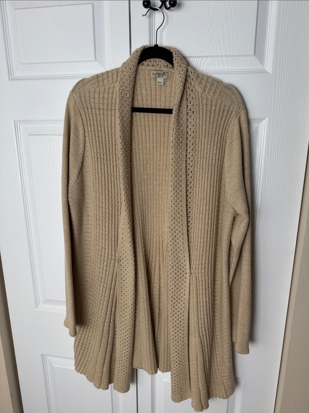 ONE WORLD Tan Open-Front Ribbed & Textured Knit Cardigan